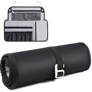 Water Resistant Silicone Toiletry Bag, 2 Hanging Hooks, Multiple Pockets, Black